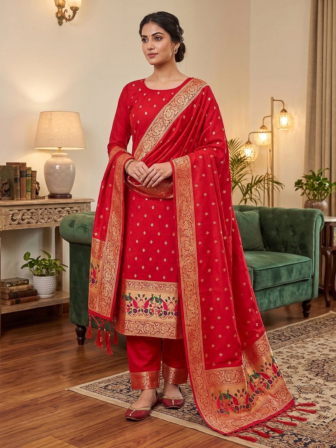 Red Pure Soft Banarasi Silk Woven Design Unstitched Dress Material