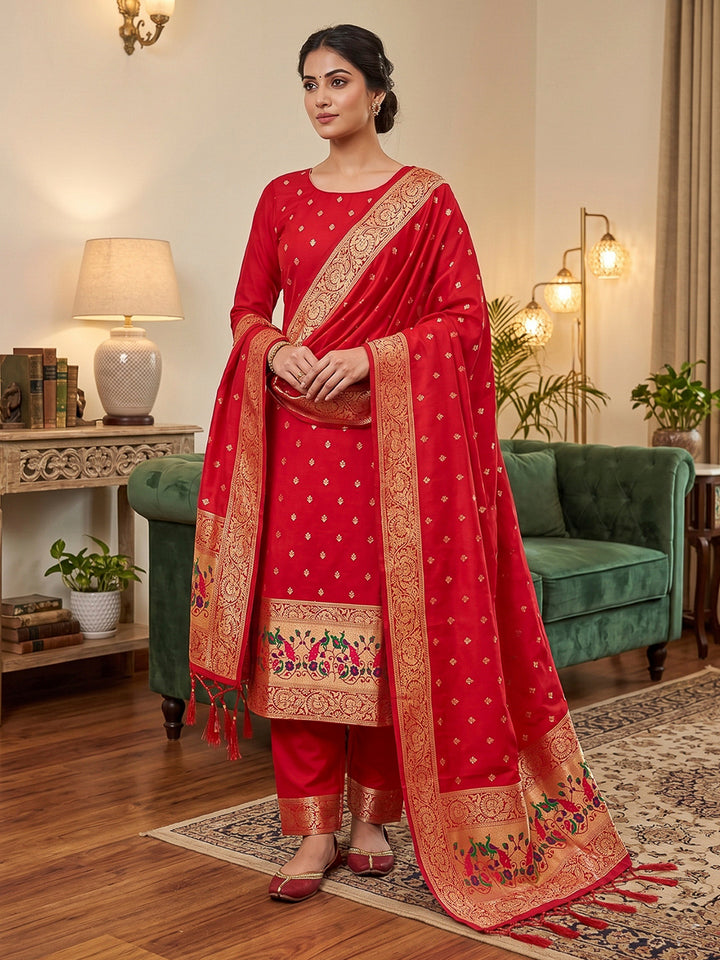Red Pure Soft Banarasi Silk Woven Design Unstitched Dress Material