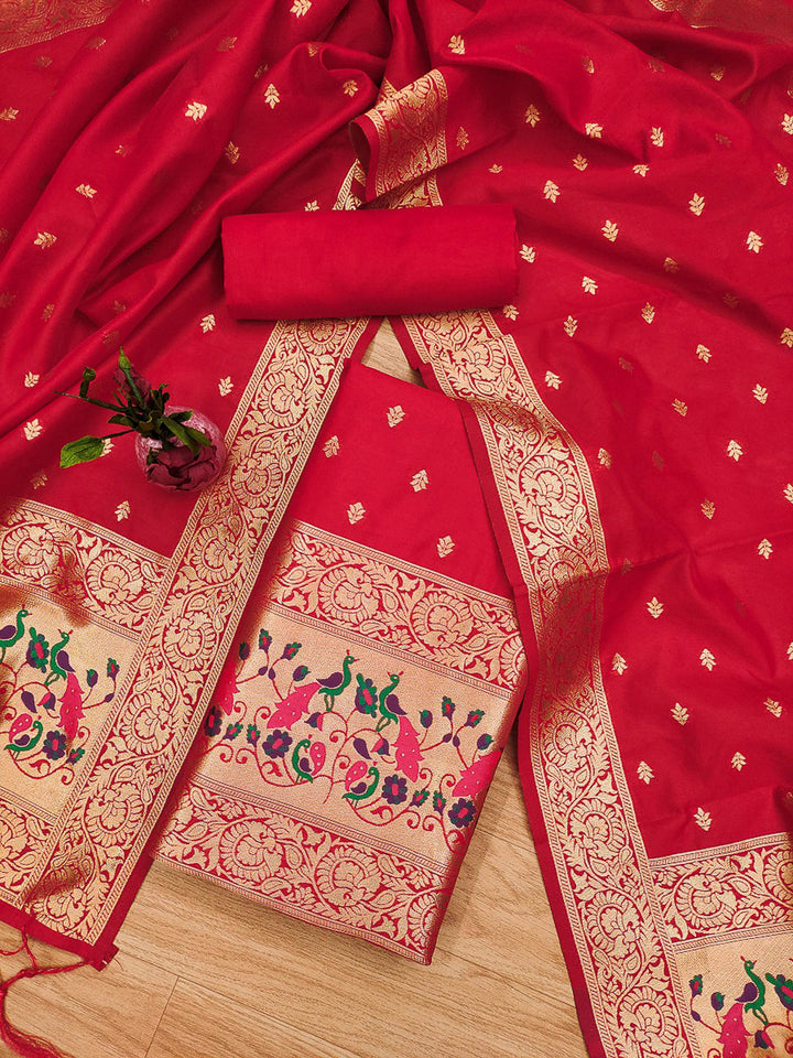 Red Pure Soft Banarasi Silk Woven Design Unstitched Dress Material