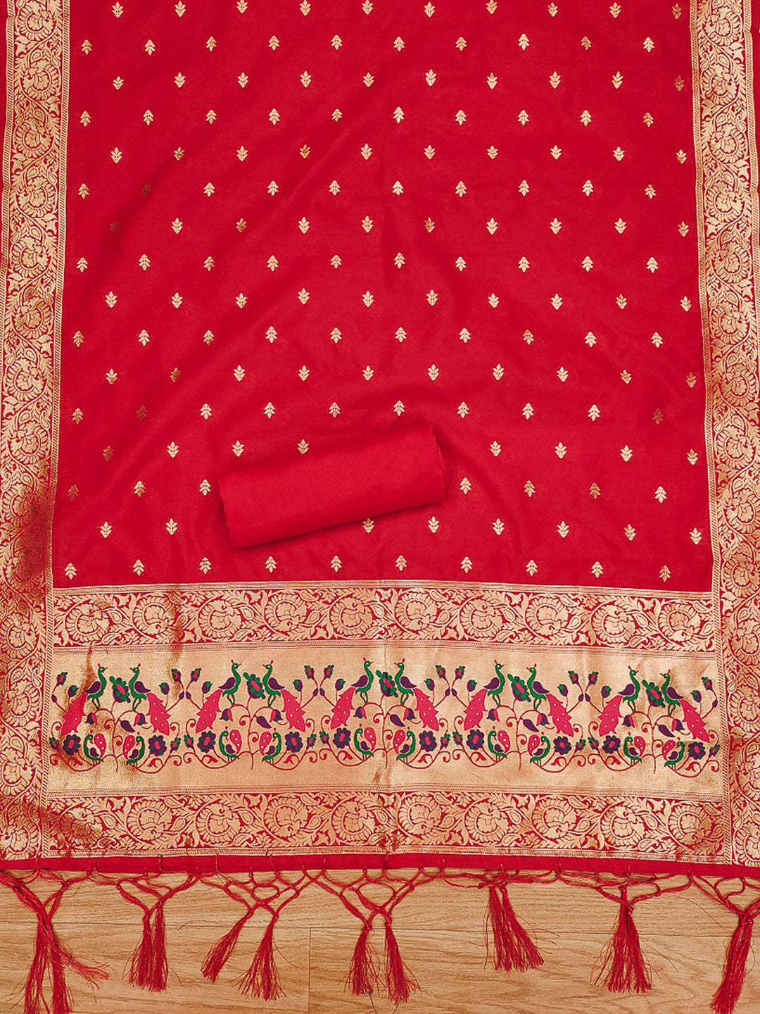 Red Pure Soft Banarasi Silk Woven Design Unstitched Dress Material