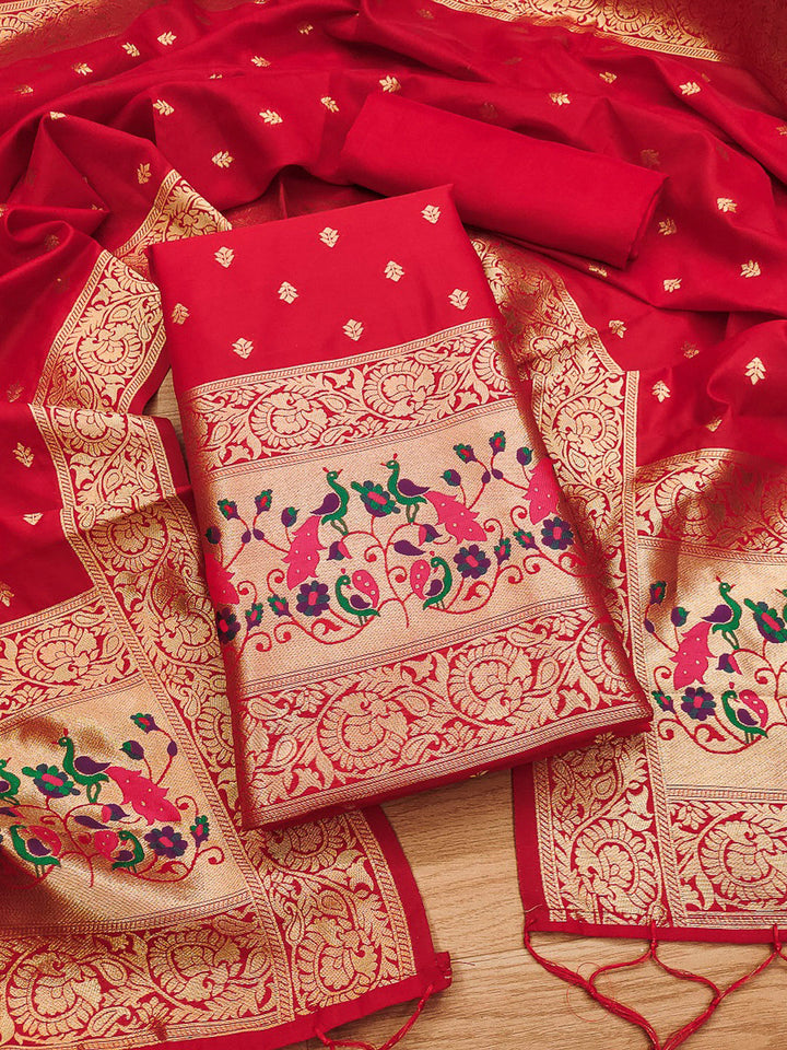 Red Pure Soft Banarasi Silk Woven Design Unstitched Dress Material