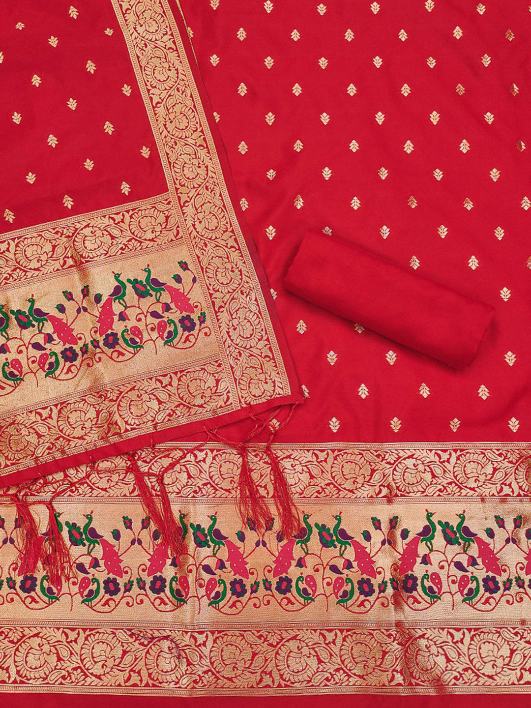 Red Pure Soft Banarasi Silk Woven Design Unstitched Dress Material