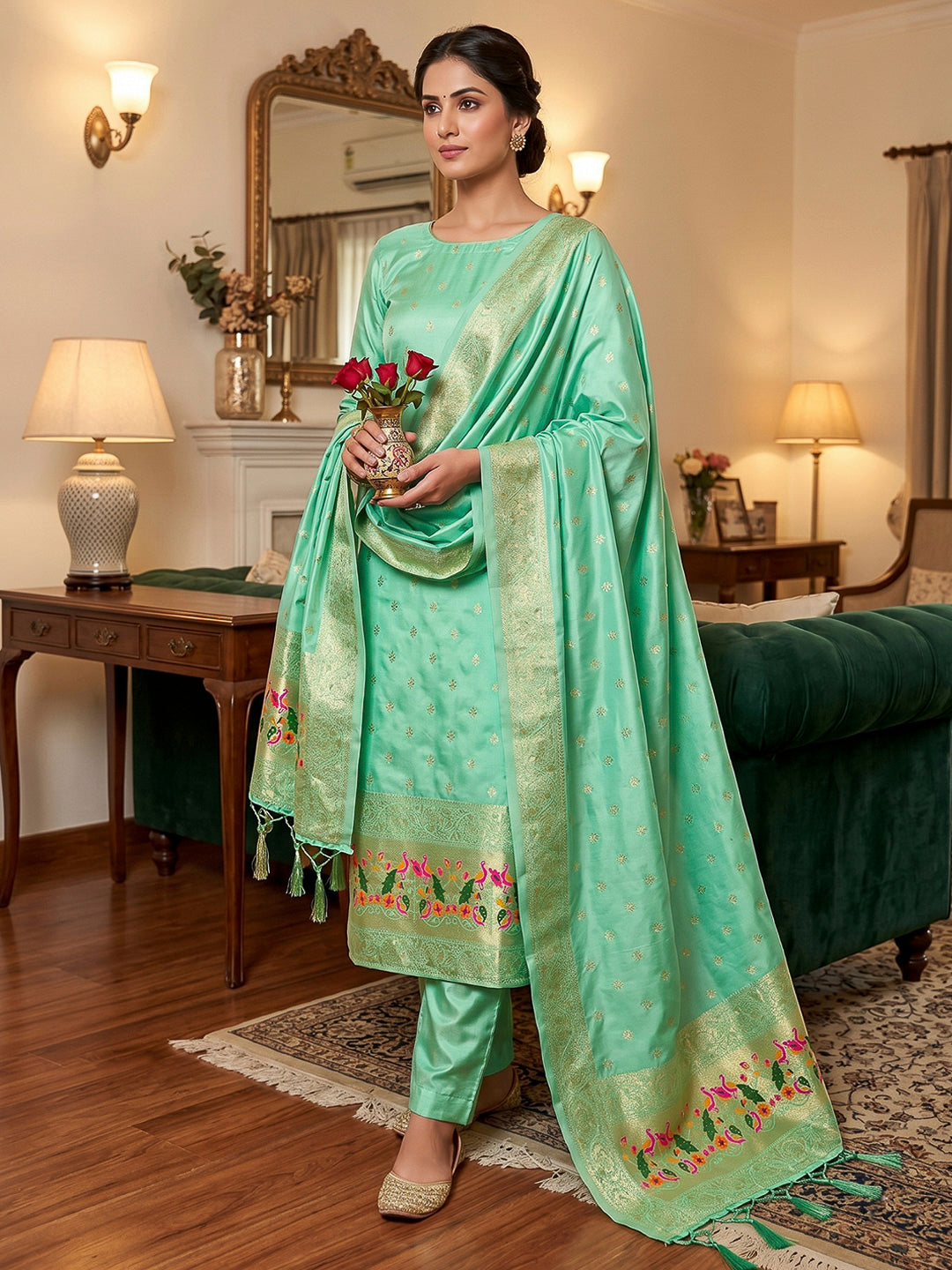 Sea-Green Pure Soft Banarasi Silk Woven Design Unstitched Dress Material