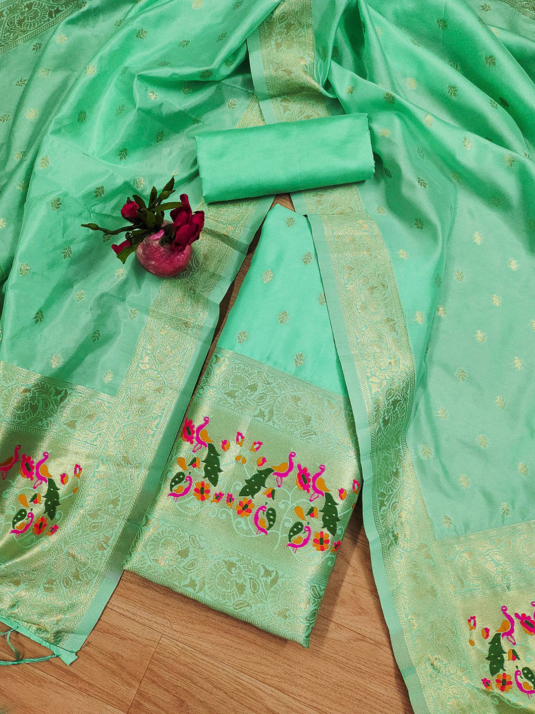 Sea-Green Pure Soft Banarasi Silk Woven Design Unstitched Dress Material