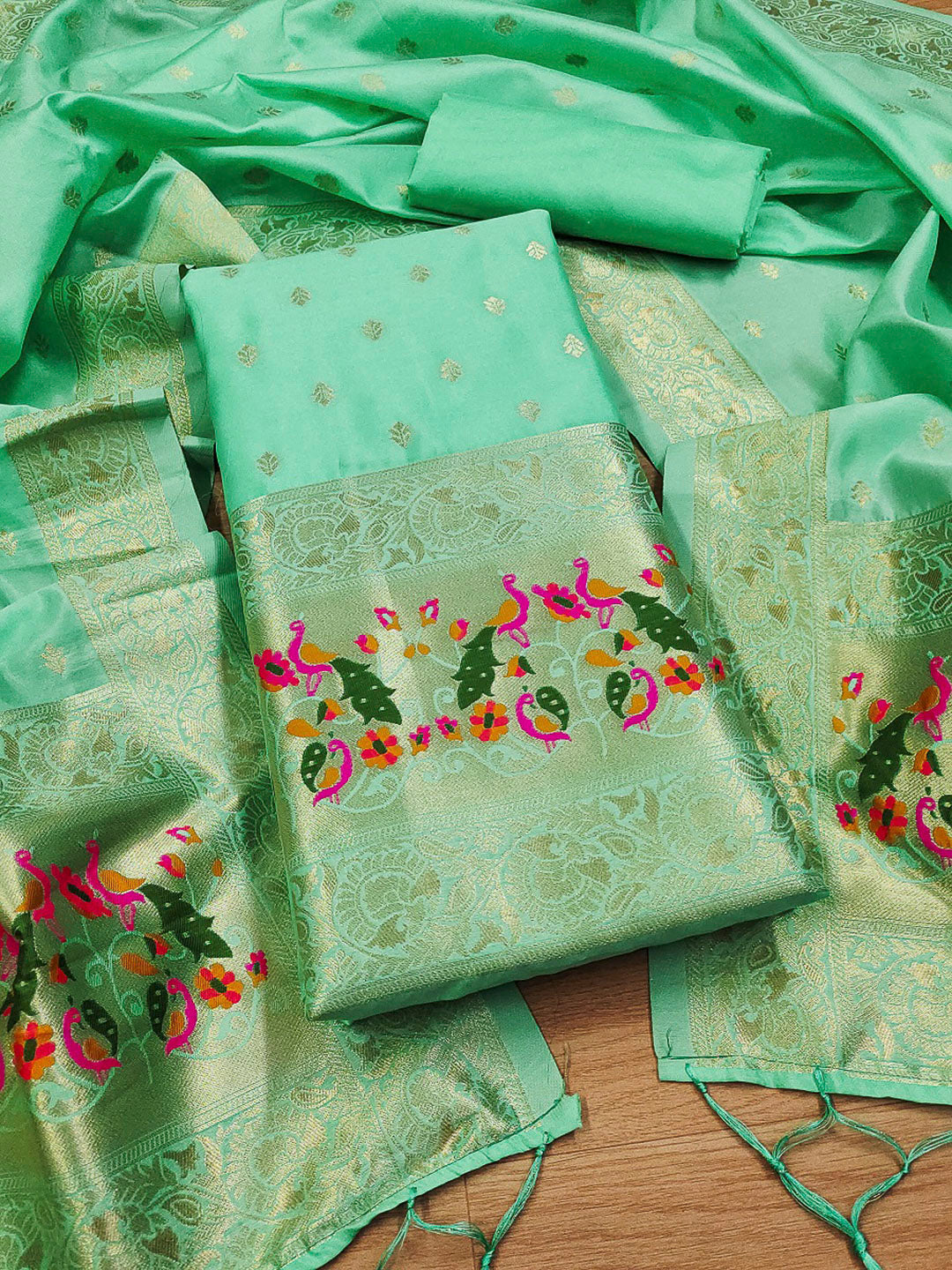 Sea-Green Pure Soft Banarasi Silk Woven Design Unstitched Dress Material
