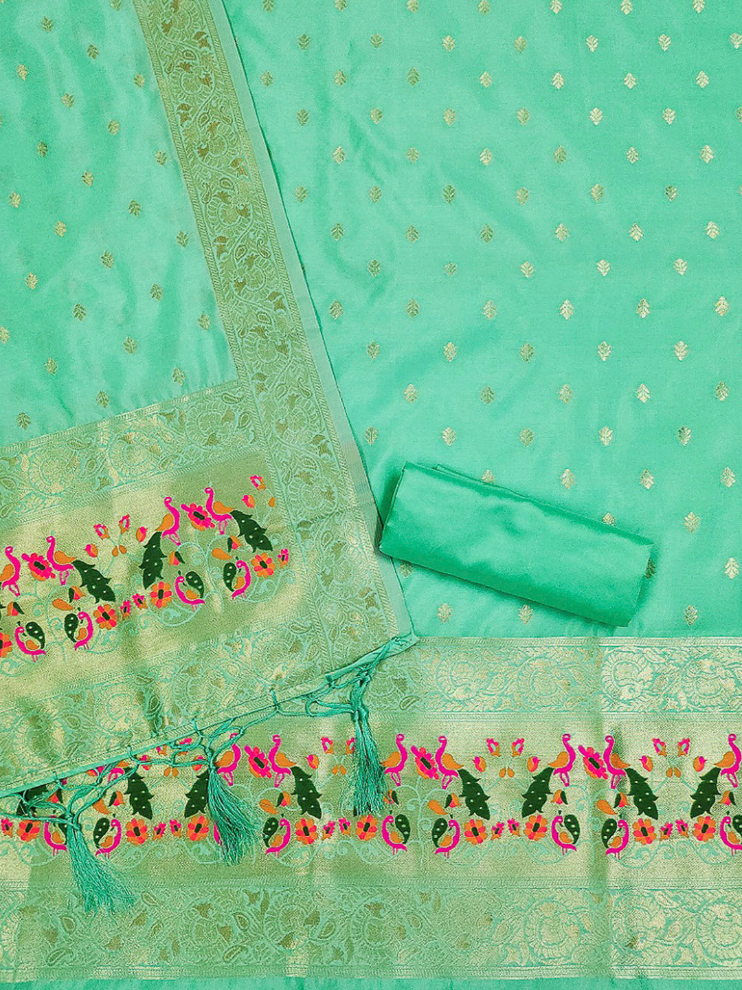 Sea-Green Pure Soft Banarasi Silk Woven Design Unstitched Dress Material