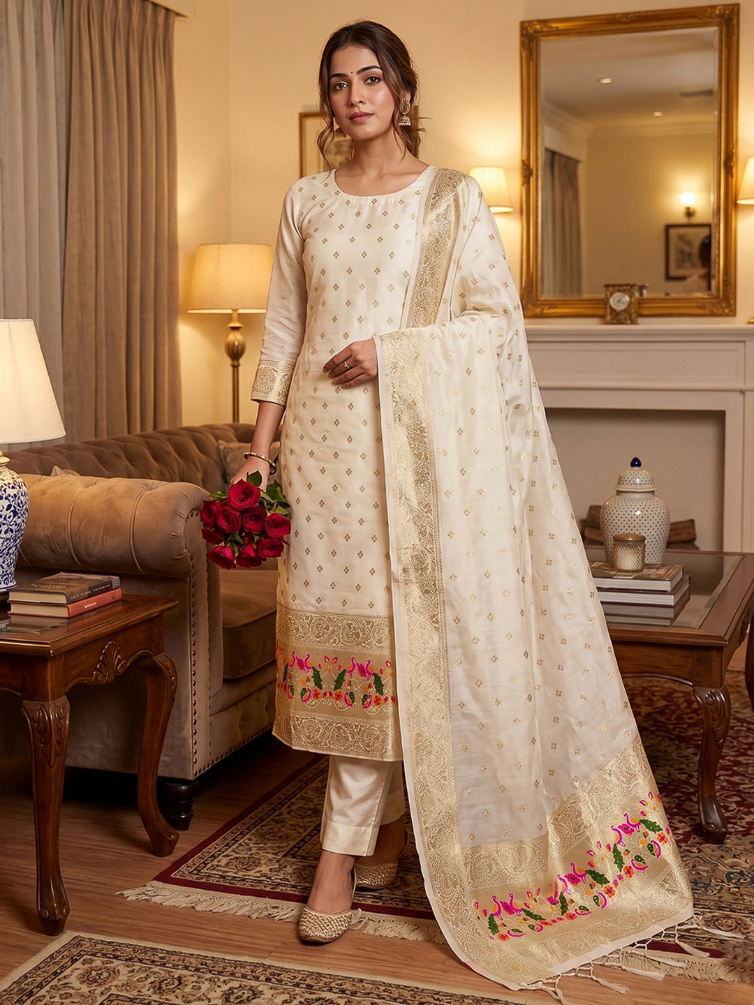 White Pure Soft Banarasi Silk Woven Design Unstitched Dress Material