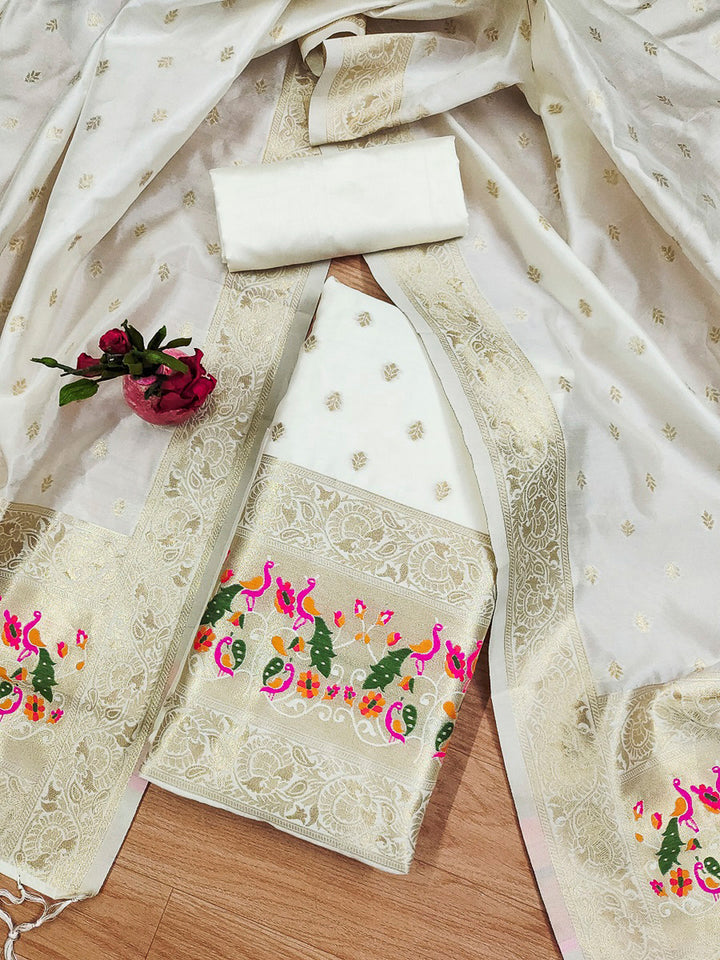 White Pure Soft Banarasi Silk Woven Design Unstitched Dress Material