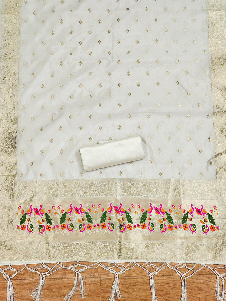 White Pure Soft Banarasi Silk Woven Design Unstitched Dress Material