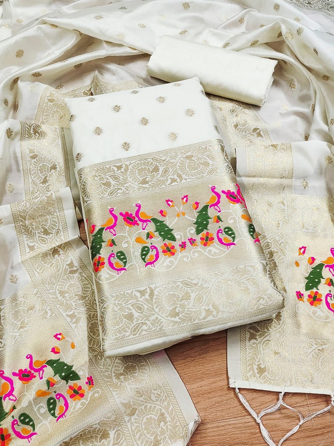 White Pure Soft Banarasi Silk Woven Design Unstitched Dress Material