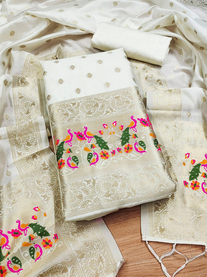 White Pure Soft Banarasi Silk Woven Design Unstitched Dress Material