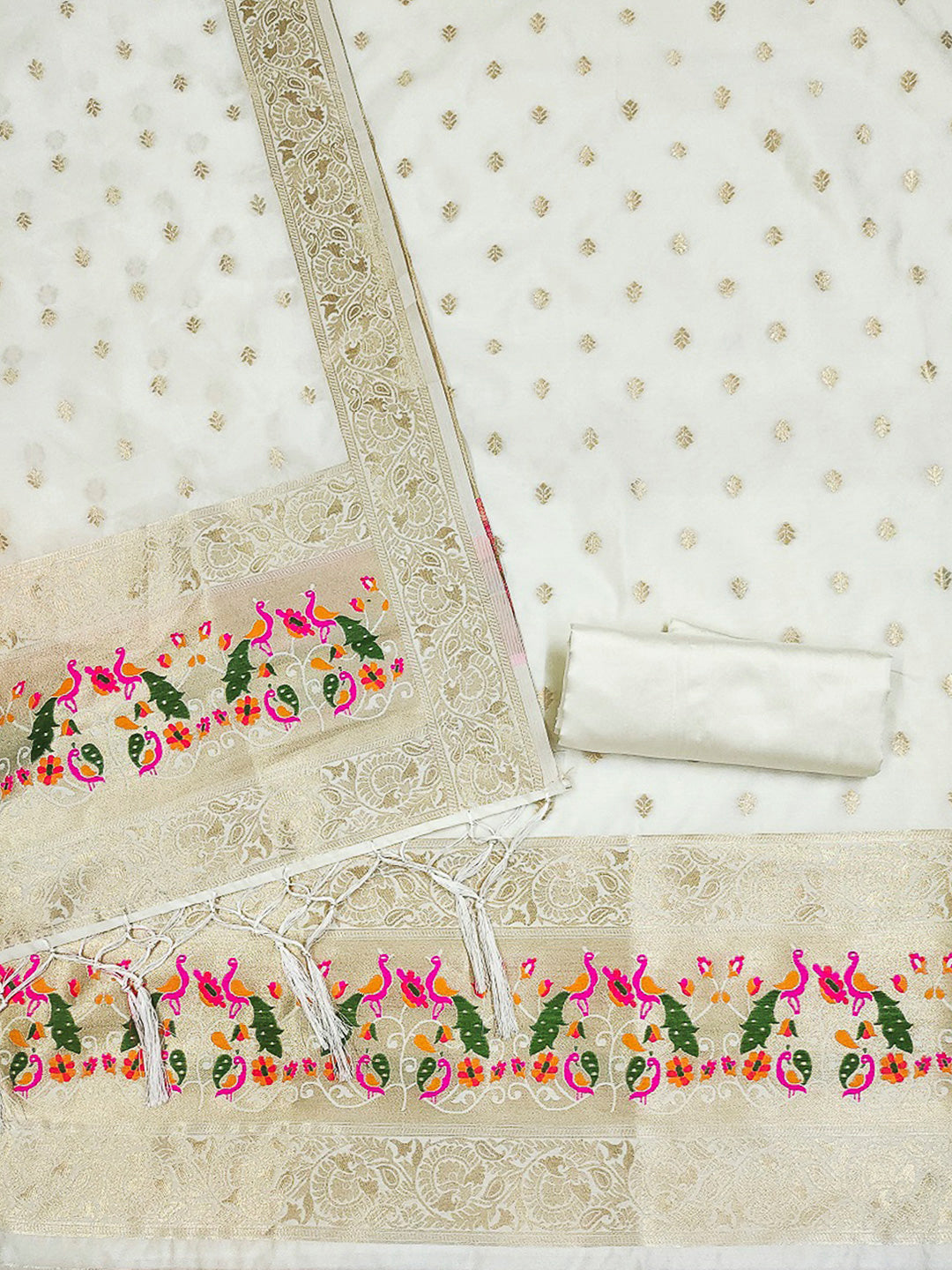 White Pure Soft Banarasi Silk Woven Design Unstitched Dress Material