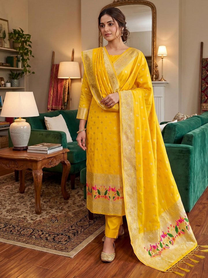 Yellow Pure Soft Banarasi Silk Woven Design Unstitched Dress Material