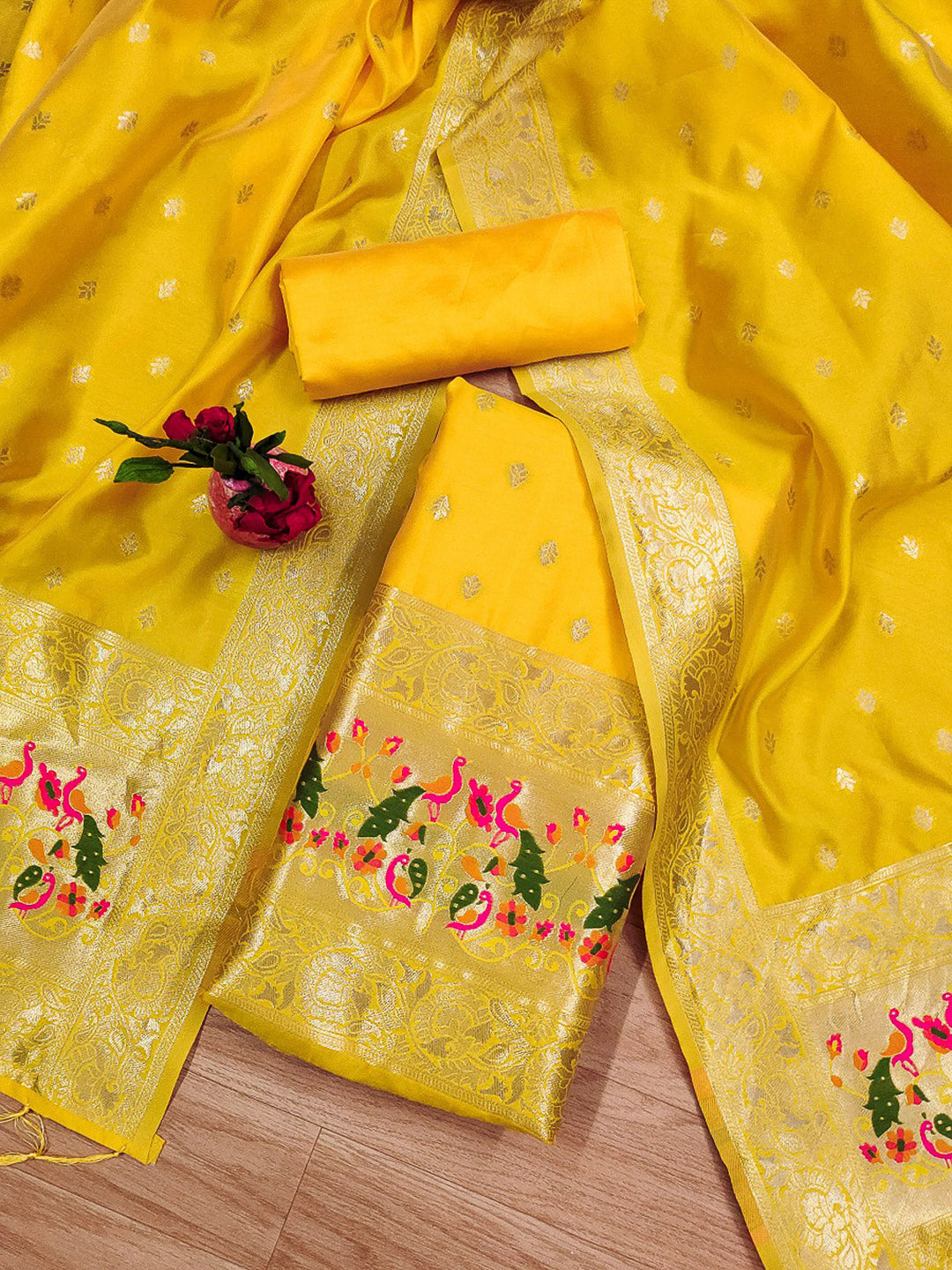 Yellow Pure Soft Banarasi Silk Woven Design Unstitched Dress Material