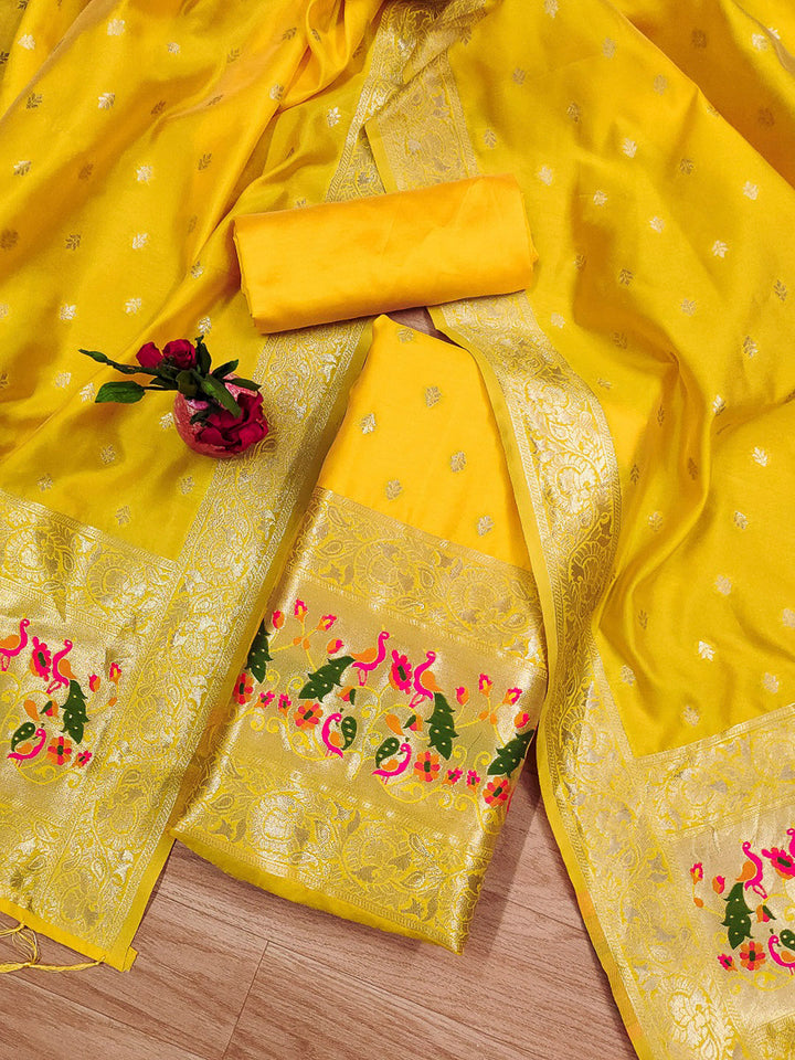 Yellow Pure Soft Banarasi Silk Woven Design Unstitched Dress Material