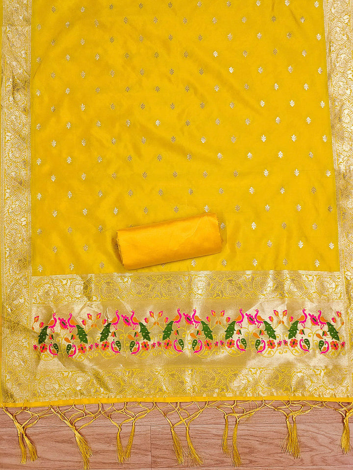 Yellow Pure Soft Banarasi Silk Woven Design Unstitched Dress Material