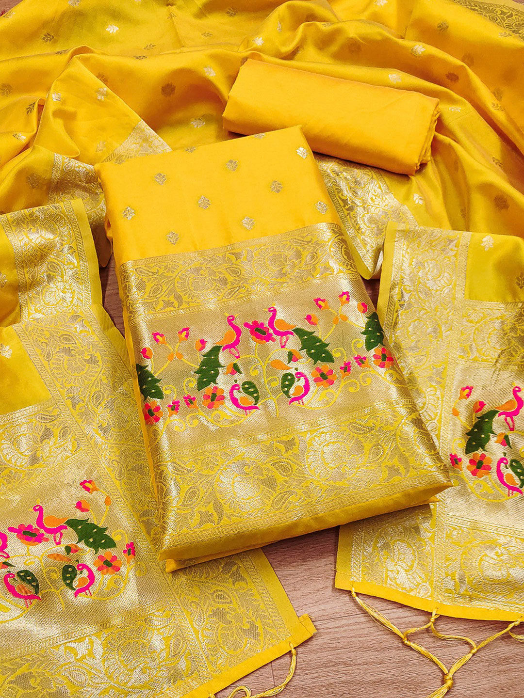 Yellow Pure Soft Banarasi Silk Woven Design Unstitched Dress Material