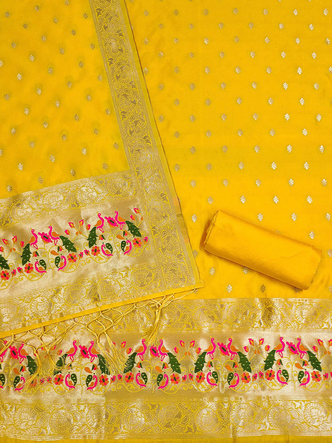 Yellow Pure Soft Banarasi Silk Woven Design Unstitched Dress Material