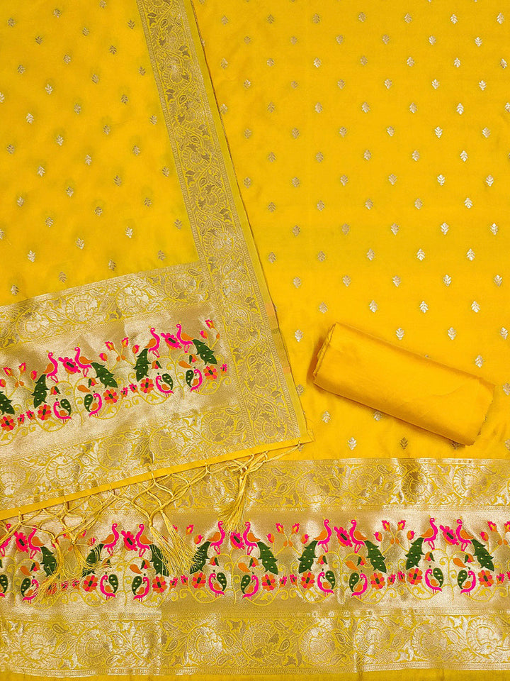 Yellow Pure Soft Banarasi Silk Woven Design Unstitched Dress Material
