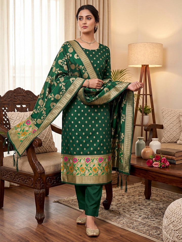 Bottle-Green Pure Soft Banarasi Silk Woven Design Unstitched Dress Material