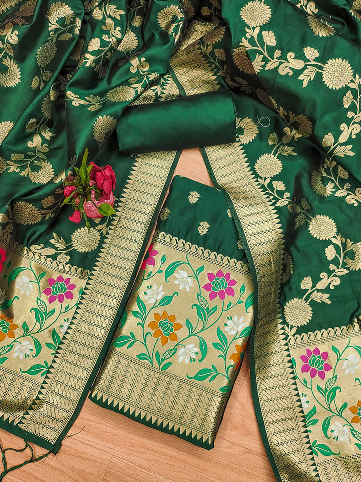 Bottle-Green Pure Soft Banarasi Silk Woven Design Unstitched Dress Material