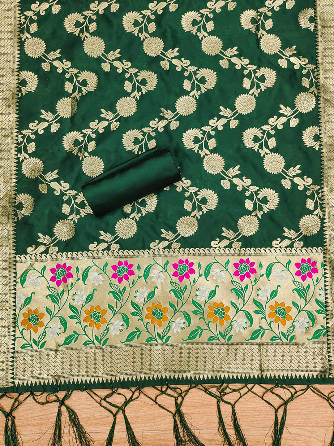 Bottle-Green Pure Soft Banarasi Silk Woven Design Unstitched Dress Material