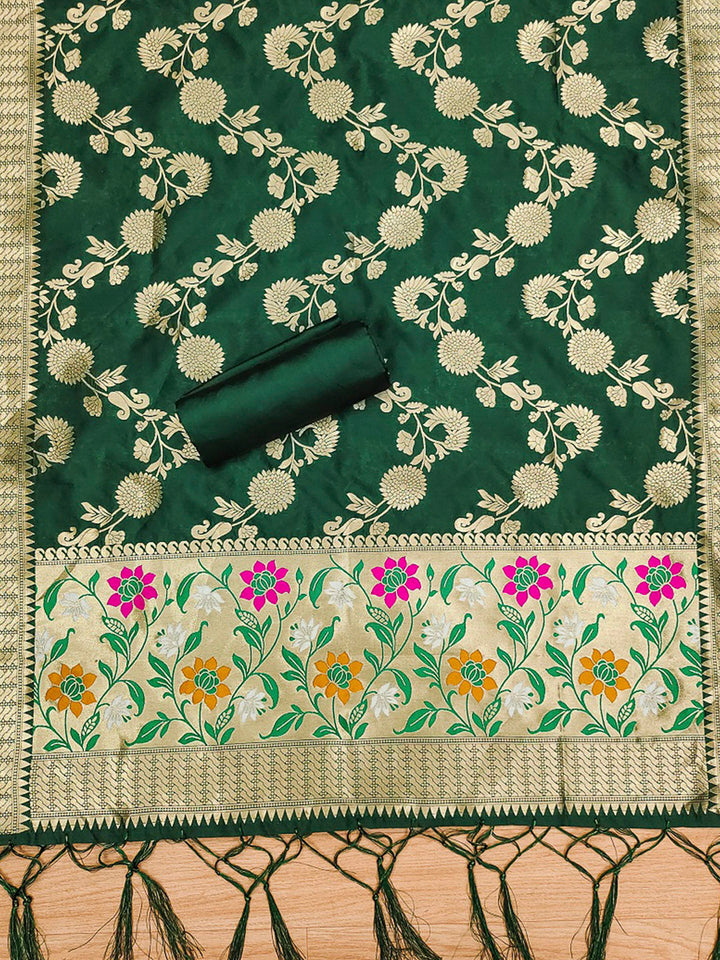 Bottle-Green Pure Soft Banarasi Silk Woven Design Unstitched Dress Material