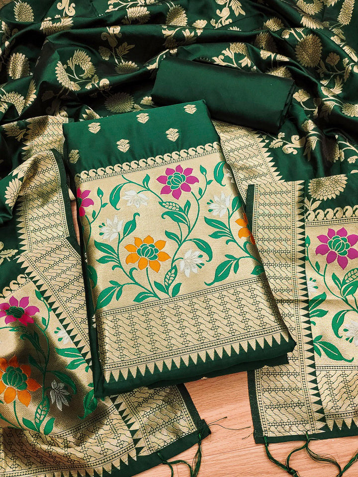 Bottle-Green Pure Soft Banarasi Silk Woven Design Unstitched Dress Material