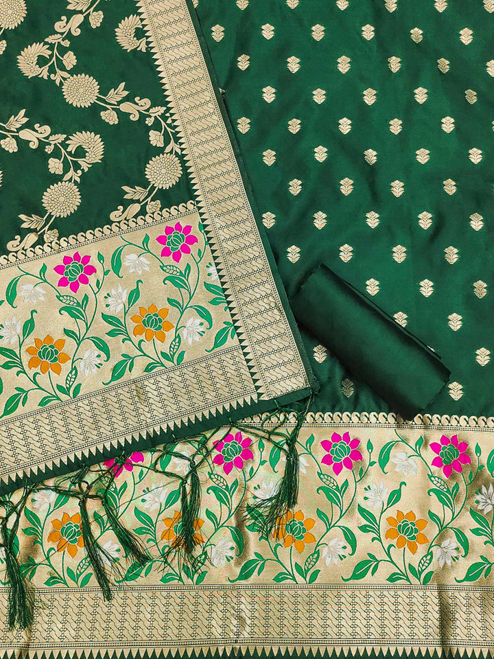 Bottle-Green Pure Soft Banarasi Silk Woven Design Unstitched Dress Material