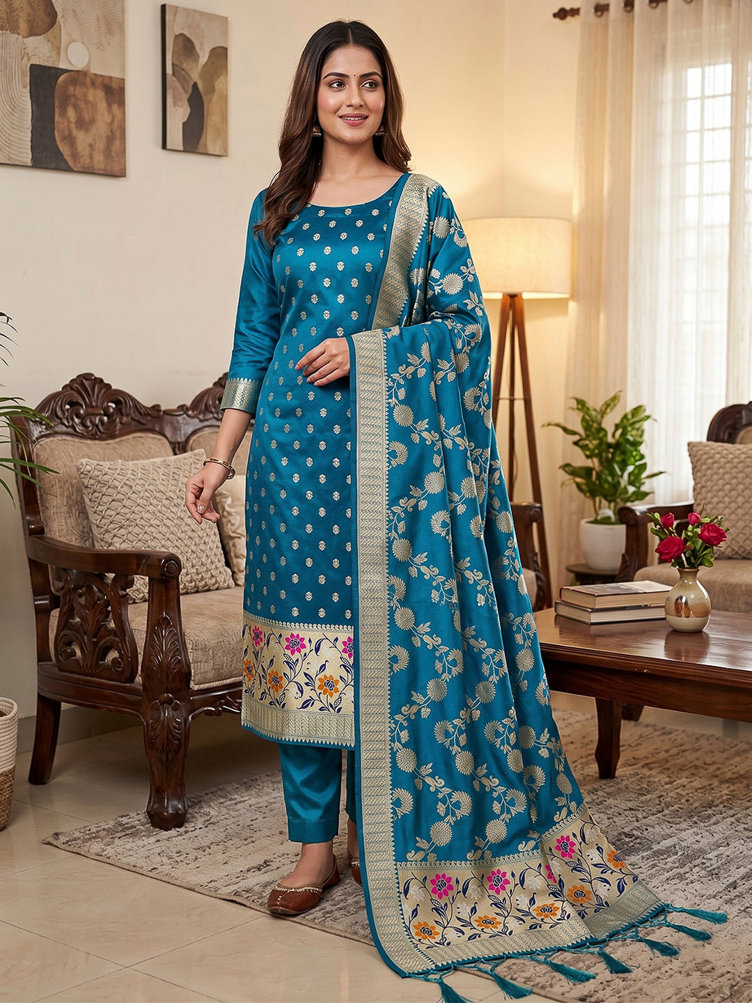 Navy-Blue Pure Soft Banarasi Silk Woven Design Unstitched Dress Material