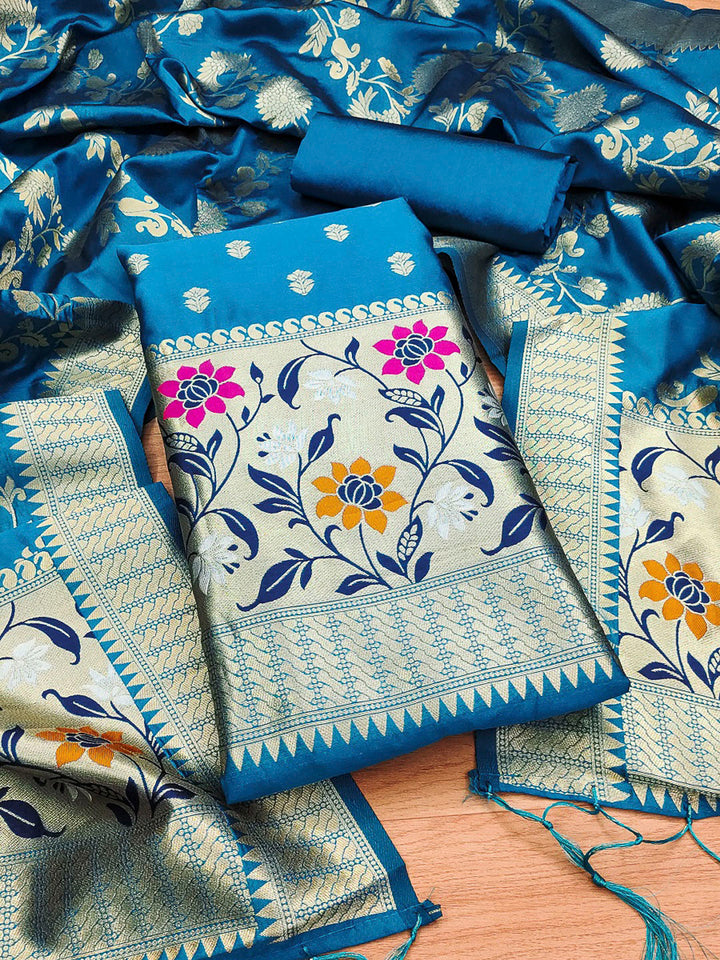 Navy-Blue Pure Soft Banarasi Silk Woven Design Unstitched Dress Material