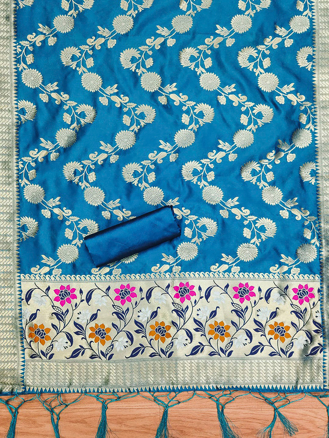 Navy-Blue Pure Soft Banarasi Silk Woven Design Unstitched Dress Material
