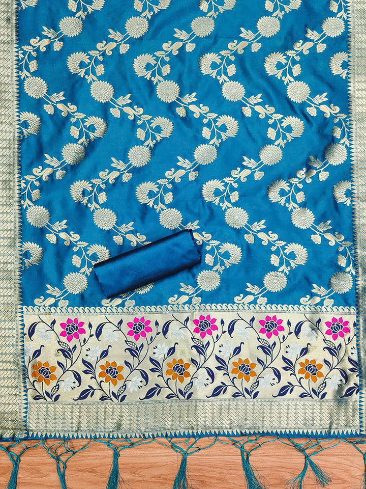 Navy-Blue Pure Soft Banarasi Silk Woven Design Unstitched Dress Material