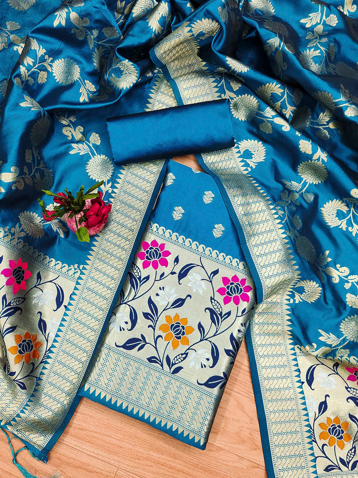 Navy-Blue Pure Soft Banarasi Silk Woven Design Unstitched Dress Material