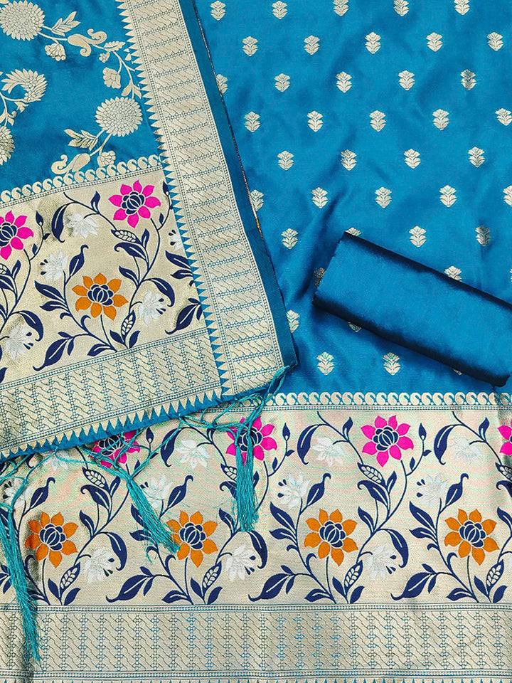 Navy-Blue Pure Soft Banarasi Silk Woven Design Unstitched Dress Material