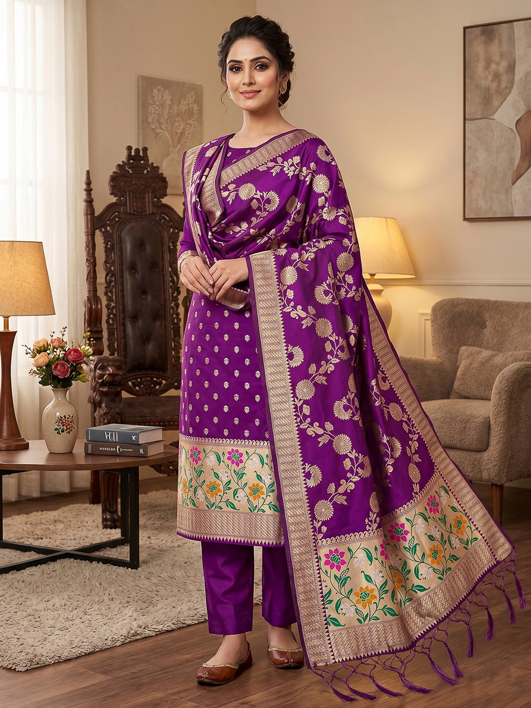 Purple Pure Soft Banarasi Silk Woven Design Unstitched Dress Material