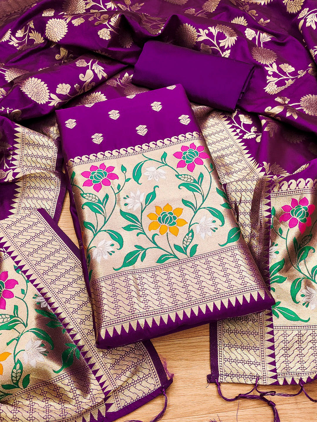 Purple Pure Soft Banarasi Silk Woven Design Unstitched Dress Material
