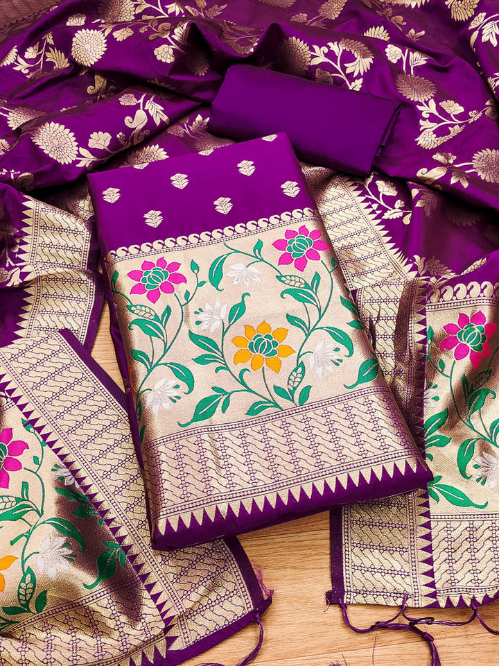 Purple Pure Soft Banarasi Silk Woven Design Unstitched Dress Material