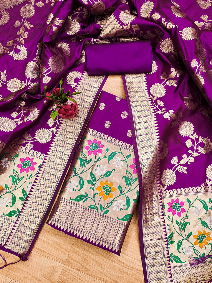 Purple Pure Soft Banarasi Silk Woven Design Unstitched Dress Material