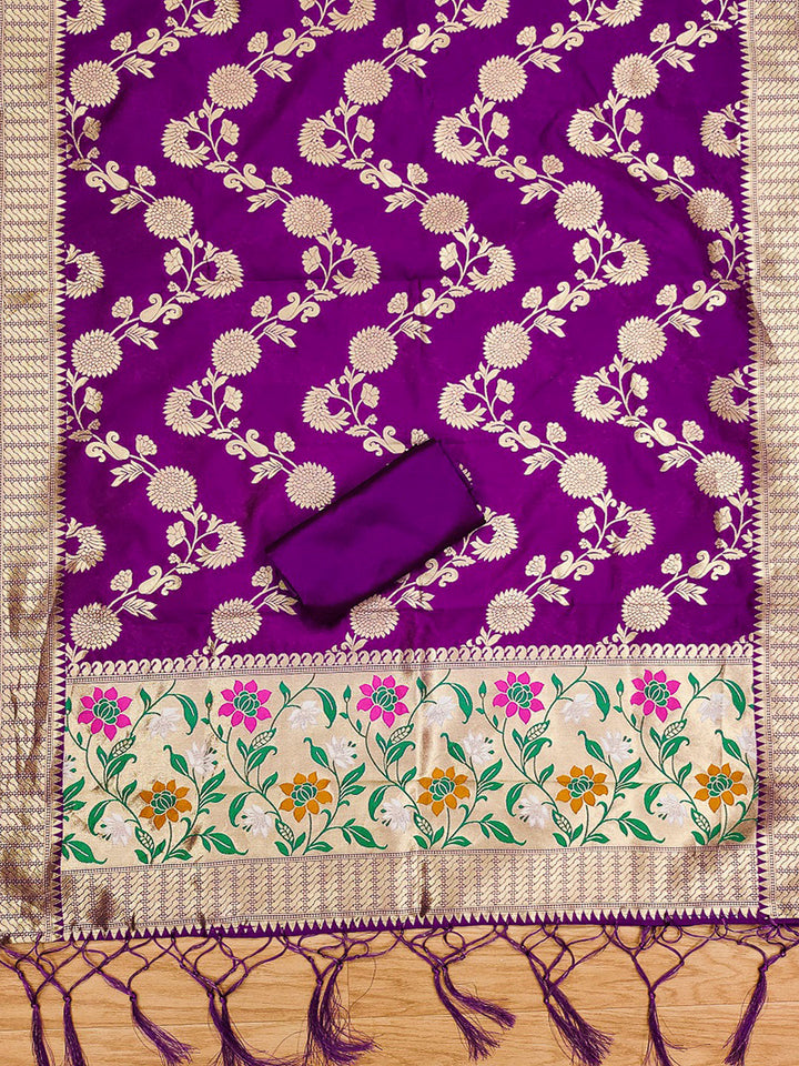 Purple Pure Soft Banarasi Silk Woven Design Unstitched Dress Material