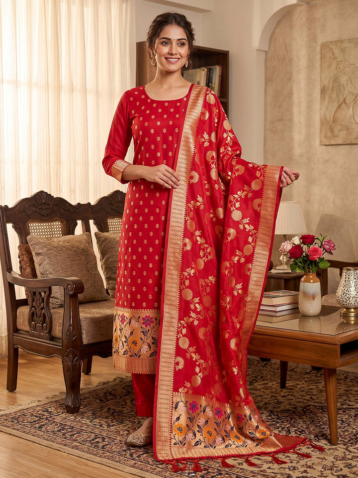 Red Pure Soft Banarasi Silk Woven Design Unstitched Dress Material