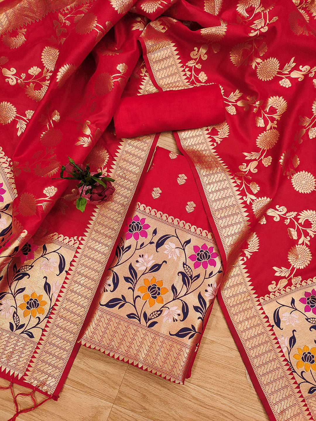 Red Pure Soft Banarasi Silk Woven Design Unstitched Dress Material