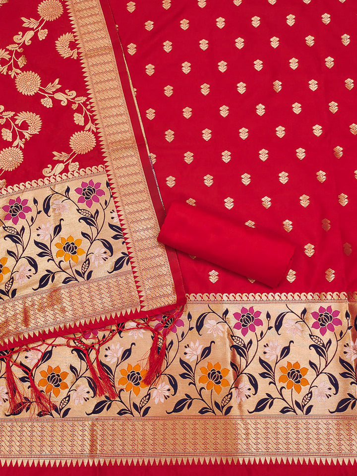 Red Pure Soft Banarasi Silk Woven Design Unstitched Dress Material