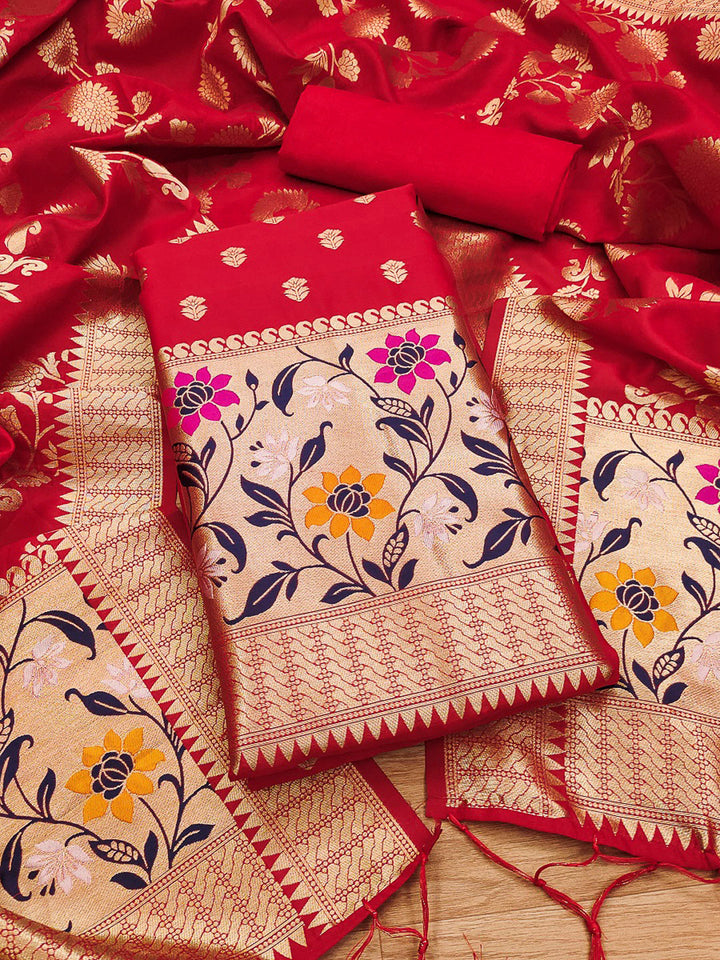 Red Pure Soft Banarasi Silk Woven Design Unstitched Dress Material