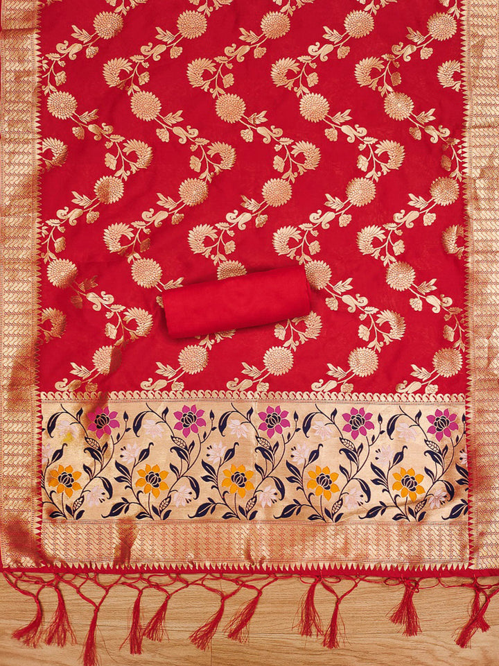 Red Pure Soft Banarasi Silk Woven Design Unstitched Dress Material