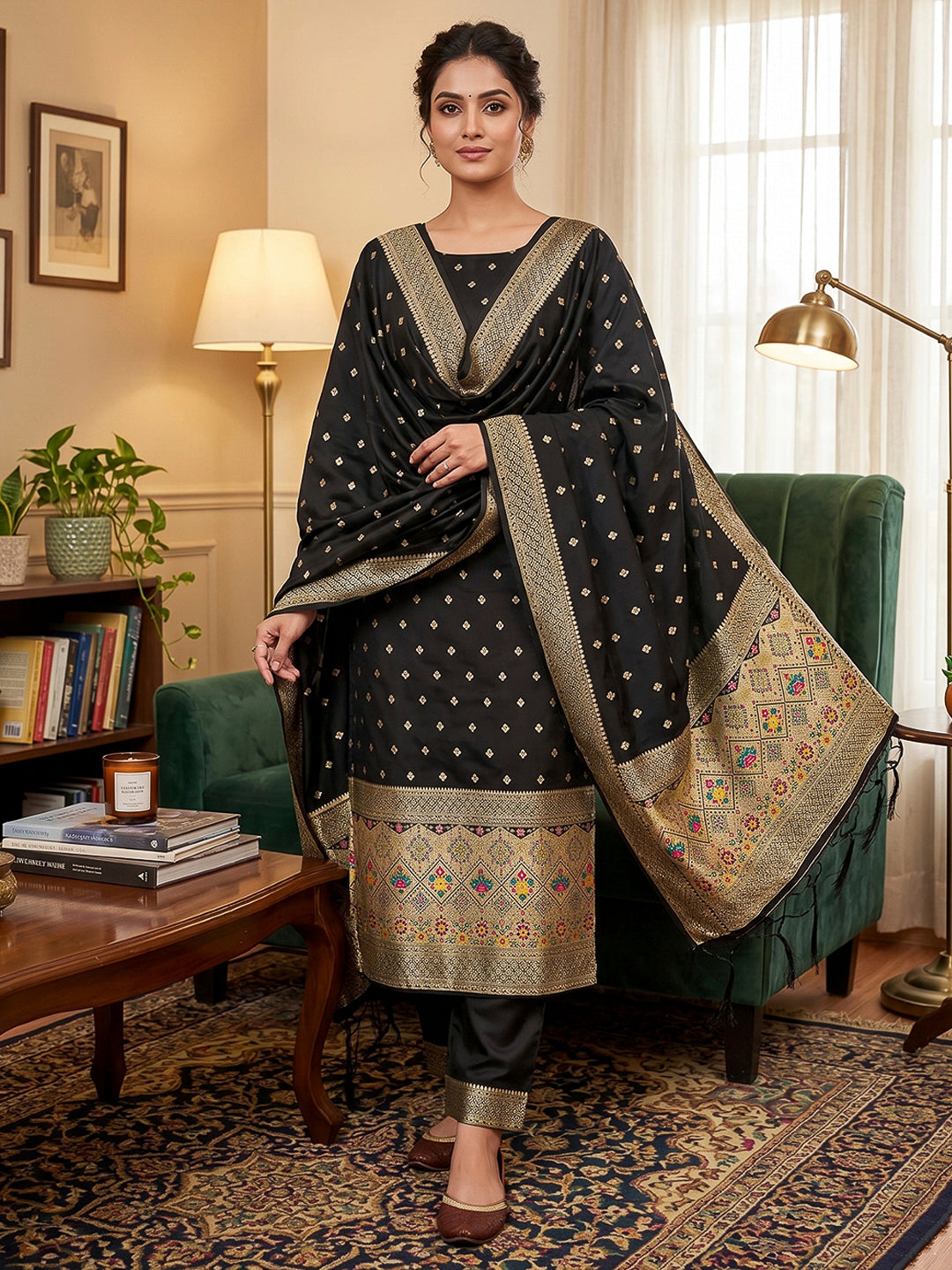 Black Pure Soft Banarasi Silk Woven Design Unstitched Dress Material