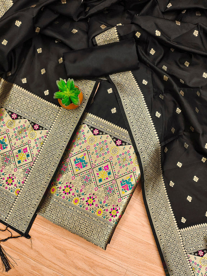 Black Pure Soft Banarasi Silk Woven Design Unstitched Dress Material