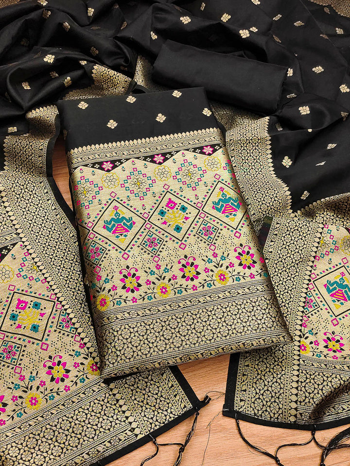 Black Pure Soft Banarasi Silk Woven Design Unstitched Dress Material