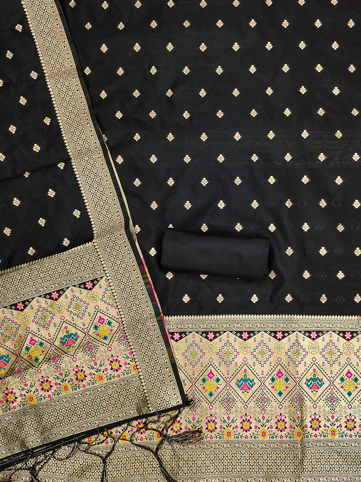 Black Pure Soft Banarasi Silk Woven Design Unstitched Dress Material