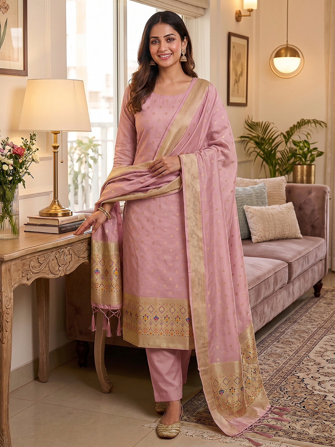 Pink-Lt Pure Soft Banarasi Silk Woven Design Unstitched Dress Material